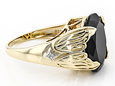 Black Spinel With White Diamond Accent 18K Yellow Gold Over Silver Angel Wings Ring 10.21ctw