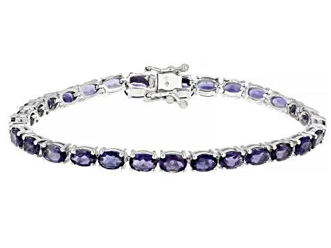 Blue Oval Iolite Rhodium Over Sterling Silver Bracelet 10.40ctw