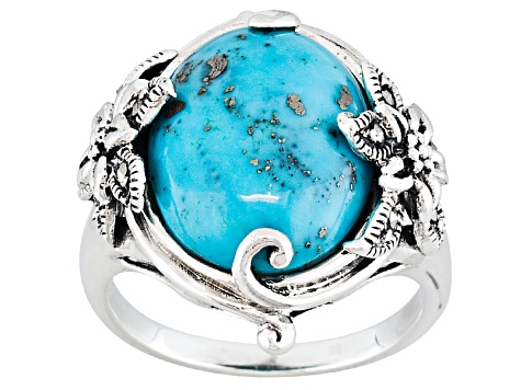 Blue Cabochon Turquoise With Marcasite Sterling Silver Ring