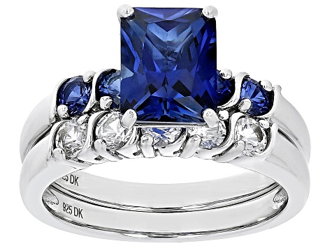 Blue Lab Created Sapphire Rhodium Over Sterling Silver Ring Set 3.56ctw