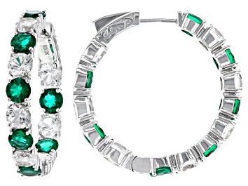 Picture of Green Lab Created Emerald Rhodium Over Sterling Silver Hoop Earrings 12.14ctw