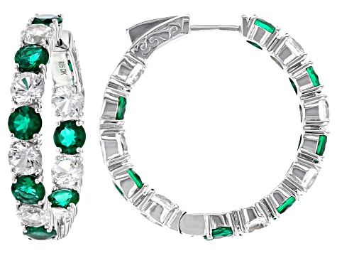 Green Lab Created Emerald Rhodium Over Sterling Silver Hoop Earrings 12.14ctw