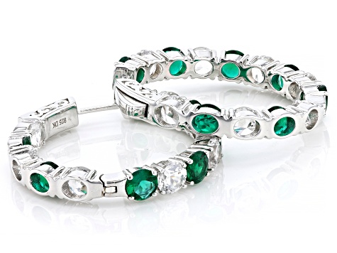 Green Lab Created Emerald Rhodium Over Sterling Silver Hoop Earrings 12.14ctw