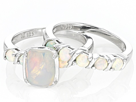 Ethiopian Opal Rhodium Over Sterling Silver Ring Set 1.52ctw