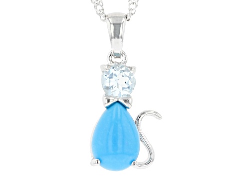 Sleeping Beauty Turquoise Rhodium Over Sterling Silver Cat Pendant With Chain