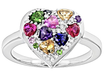 Picture of Multi-Gemstone Rhodium Over Sterling Silver Heart Ring 0.95ctw