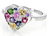 Multi-Gemstone Rhodium Over Sterling Silver Heart Ring 0.95ctw