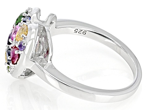 Multi-Gemstone Rhodium Over Sterling Silver Heart Ring 0.95ctw