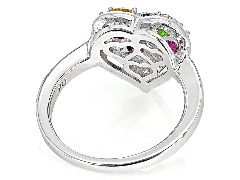 Multi-Gemstone Rhodium Over Sterling Silver Heart Ring 0.95ctw