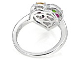 Multi-Gemstone Rhodium Over Sterling Silver Heart Ring 0.95ctw