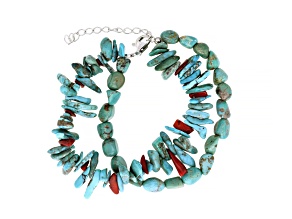 Blue Turquoise With Red Bamboo Coral Sterling Silver Two Strand Bracelet