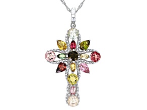 Multi-Tourmaline Rhodium Over Sterling Silver Cross Pendant With Chain 4.44ctw