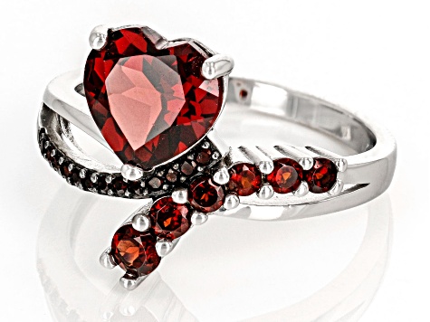 Red Garnet Rhodium Over Sterling Silver Heart Bypass Ring 2.33ctw