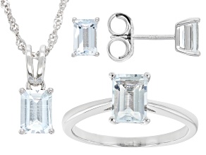 Aquamarine Rhodium Over Sterling Silver Ring, Stud Earrings And Pendant With Chain Set Of 3 2.39ctw