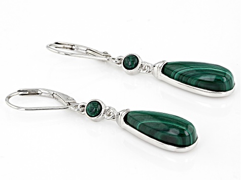 Green Malachite Rhodium Over Sterling Silver Dangle Earrings