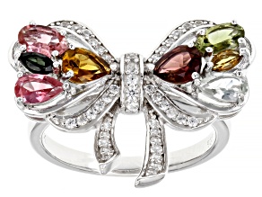 Multi Color Tourmaline Rhodium Over Sterling Silver Bow Ring 1.45ctw