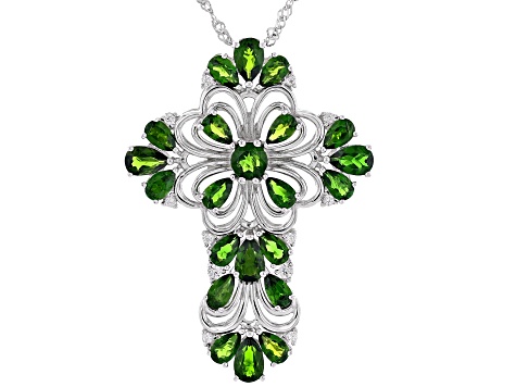 Chrome Diopside Rhodium Over Sterling Silver Cross Pendant With Chain 5.27ctw