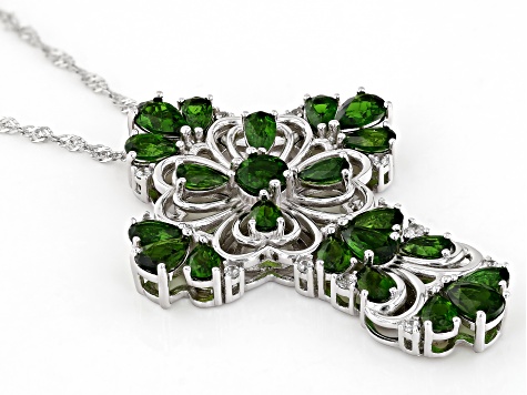 Chrome Diopside Rhodium Over Sterling Silver Cross Pendant With Chain 5.27ctw