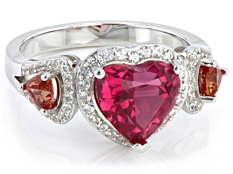 Red Lab Created Padparadscha Sapphire Rhodium Over Sterling Silver Heart Ring 3.91ctw
