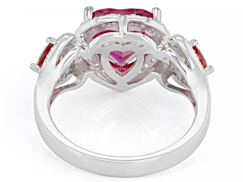 Red Lab Created Padparadscha Sapphire Rhodium Over Sterling Silver Heart Ring 3.91ctw