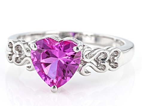 Lab Created Pink Sapphire Rhodium Over Sterling Silver Heart Ring 1.87ct