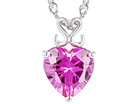 Pink Lab Created Sapphire Rhodium Over Sterling Silver Heart Pendant With Chain 1.87ct