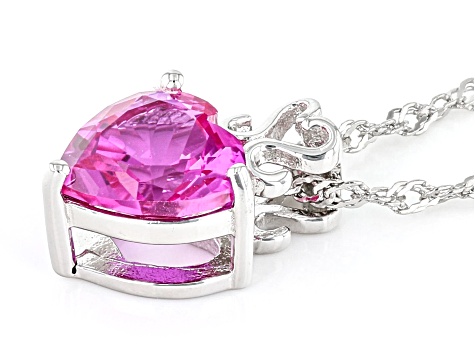 Pink Lab Created Sapphire Rhodium Over Sterling Silver Heart Pendant With Chain 1.87ct