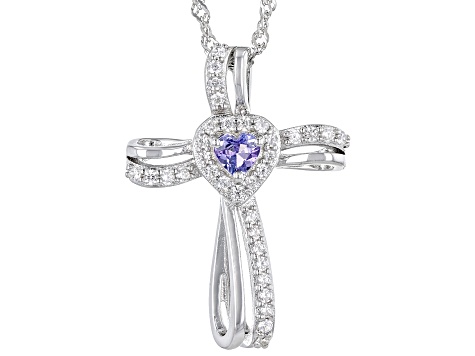 Tanzanite Rhodium Over Sterling Silver Cross Pendant With Chain 0.48ctw