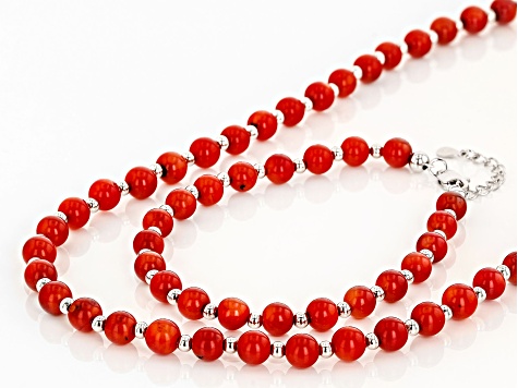Bamboo Coral Rhodium Over Sterling Silver Beaded Bracelet And Necklace Set