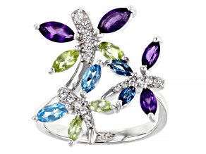 Multi Gem Rhodium Over Sterling Silver Butterfly Ring 1.66ctw