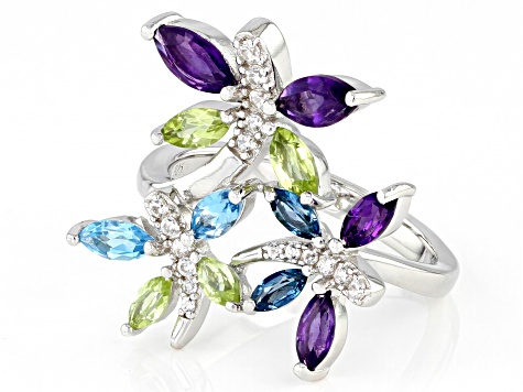 Multi Gem Rhodium Over Sterling Silver Butterfly Ring 1.66ctw