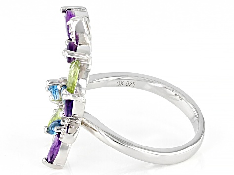 Multi Gem Rhodium Over Sterling Silver Butterfly Ring 1.66ctw