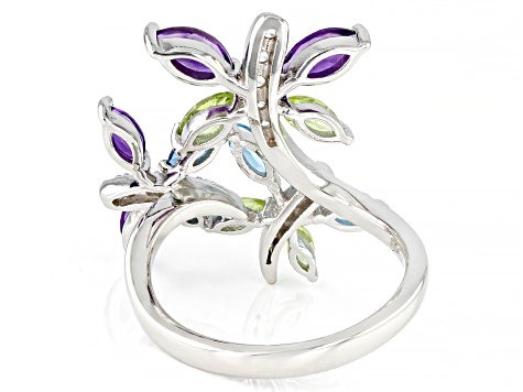 Multi Gem Rhodium Over Sterling Silver Butterfly Ring 1.66ctw