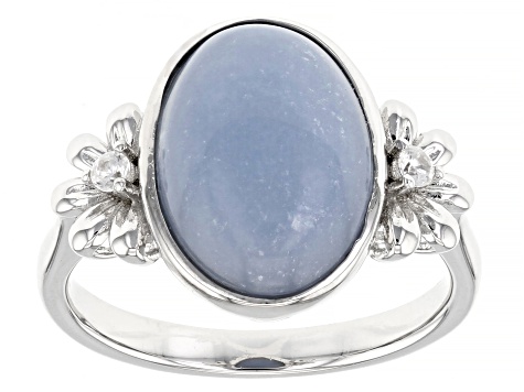 Blue Angelite Rhodium Over Sterling Silver Flower Ring 0.07ctw