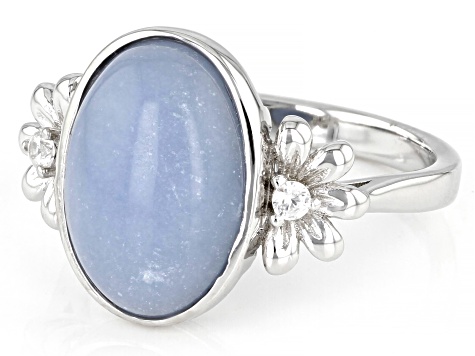 Blue Angelite Rhodium Over Sterling Silver Flower Ring 0.07ctw