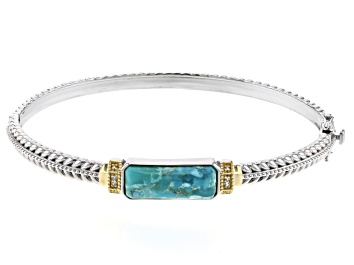 Picture of Blue Turquoise And White Zircon Rhodium Over Sterling Silver Two-Tone Bangle Bracelet 5.56ctw