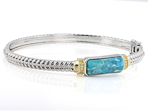 Blue Composite Turquoise Rhodium Over Sterling Silver Two-Tone Bangle Bracelet 5.56ctw