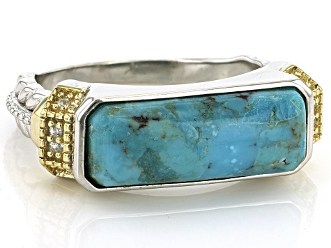 Blue Composite Turquoise Rhodium Over Sterling Silver Two-Tone Ring 0.03ctw