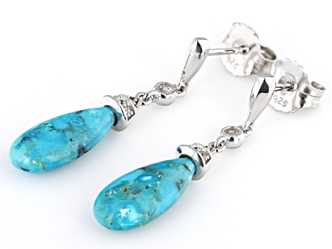 Blue Turquoise Rhodium Over Sterling Silver Earrings 0.10ctw