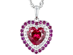 Lab Created Ruby Rhodium Over Sterling Silver Heart Pendant With Chain 2.51ctw