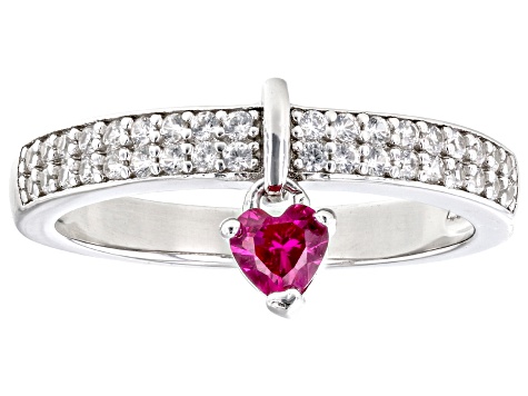 Lab Created Ruby Rhodium Over Sterling Silver Heart Charm Ring 0.58ctw