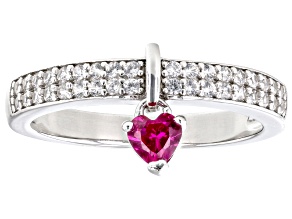 Lab Created Ruby Rhodium Over Sterling Silver Heart Charm Ring 0.58ctw