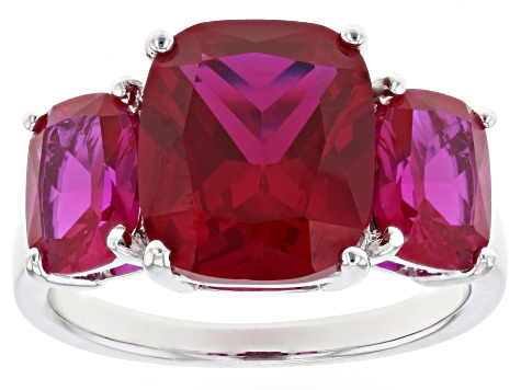 Lab Created Ruby Rhodium Over Sterling Silver 3-Stone Ring 8.54ctw