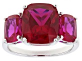 Lab Created Ruby Rhodium Over Sterling Silver 3-Stone Ring 8.54ctw