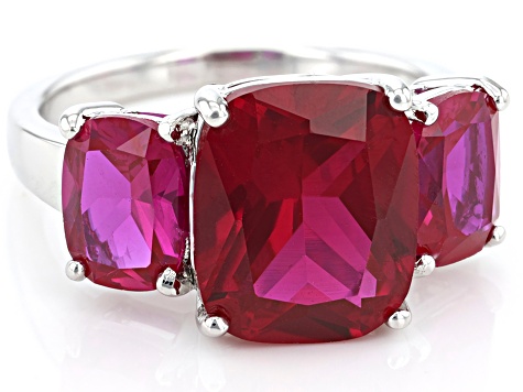 Lab Created Ruby Rhodium Over Sterling Silver 3-Stone Ring 8.54ctw