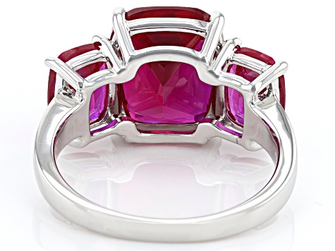 Lab Created Ruby Rhodium Over Sterling Silver 3-Stone Ring 8.54ctw