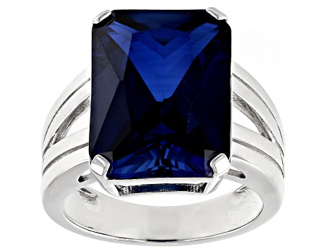 Blue Lab Created Sapphire Rhodium Over Sterling Silver Ring 10.20ct