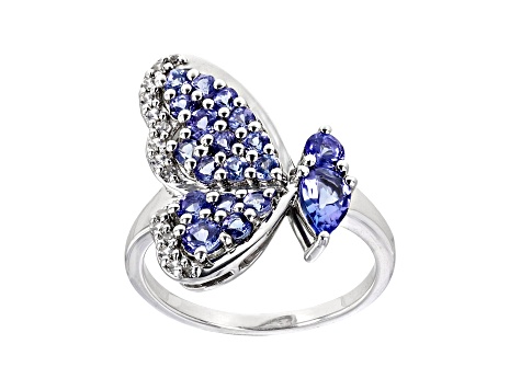 Blue Tanzanite and White Zircon Rhodium Over Sterling Silver Ring 1.23ctw