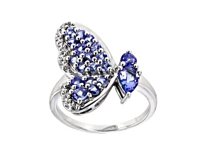 Blue Tanzanite and White Zircon Rhodium Over Sterling Silver Ring 1.23ctw