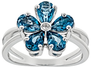 London Blue Topaz Rhodium Over Sterling Silver Flower Ring 2.19ctw